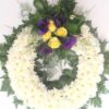 Funeral white wreath w yellow purple